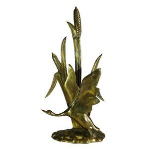 Vintage brass Hollywood Regency duck or goose in reeds or cattails sculpture